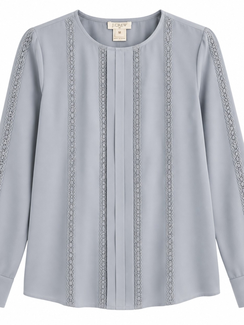 J.Crew Factory Lace Trim Blouse Gray Blue Long Sleeve Size M Pleated Top